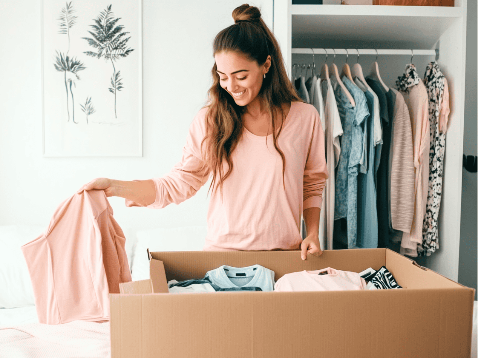 Woman standing by a box of clothes with a closet of clothes in the background