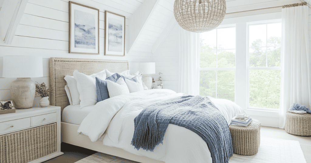 Coastal themed bedroom with the bed made and pictures on the wall