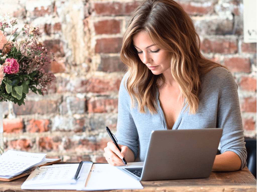 Woman sitting at a desk with a computer, writing on a piece of paper