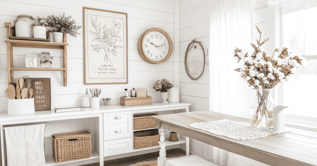 Storage baskets and shelves against the wall beside a dining room table