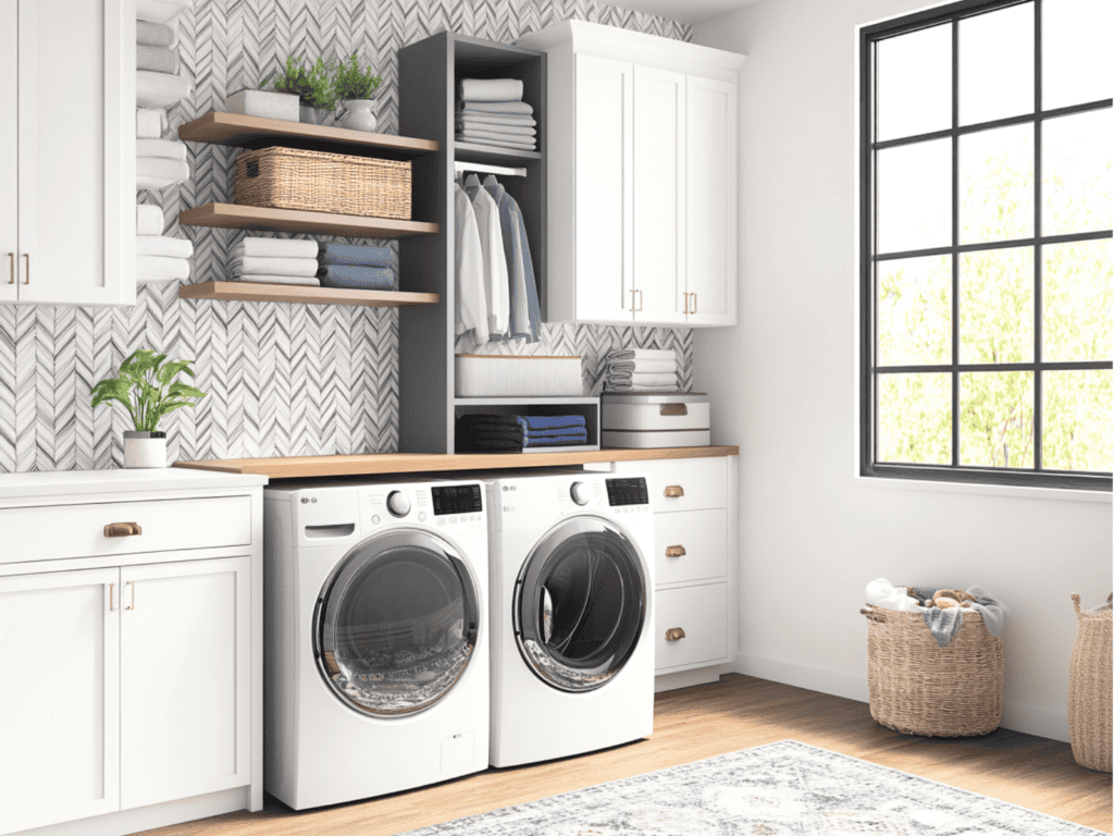 A small laundry room with custom built shelves around the washer and dryer