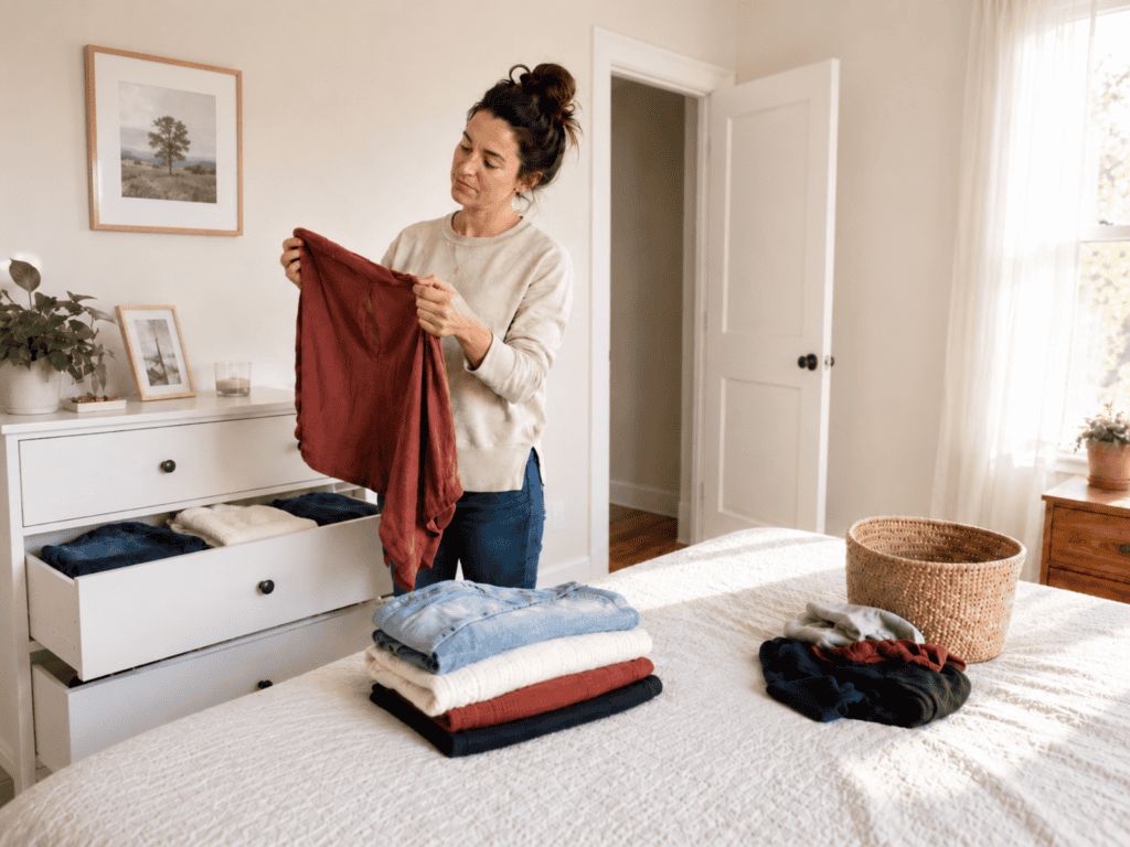 Woman sorting clothes beside an open dresser while decluttering a bedroom before organizing.