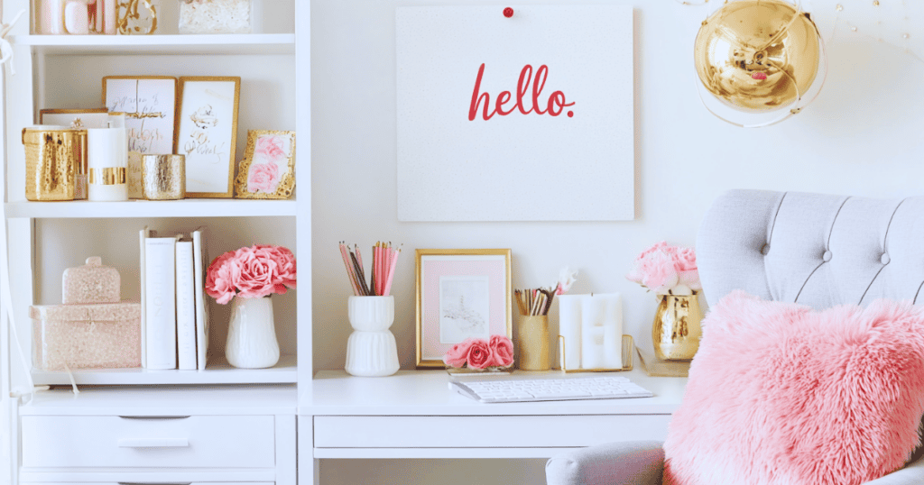 Organized desk and office space. A white desk with pink accents