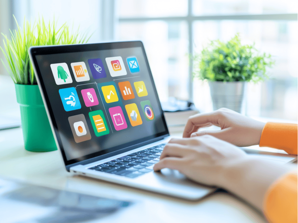 Laptop on a desk beside a plant