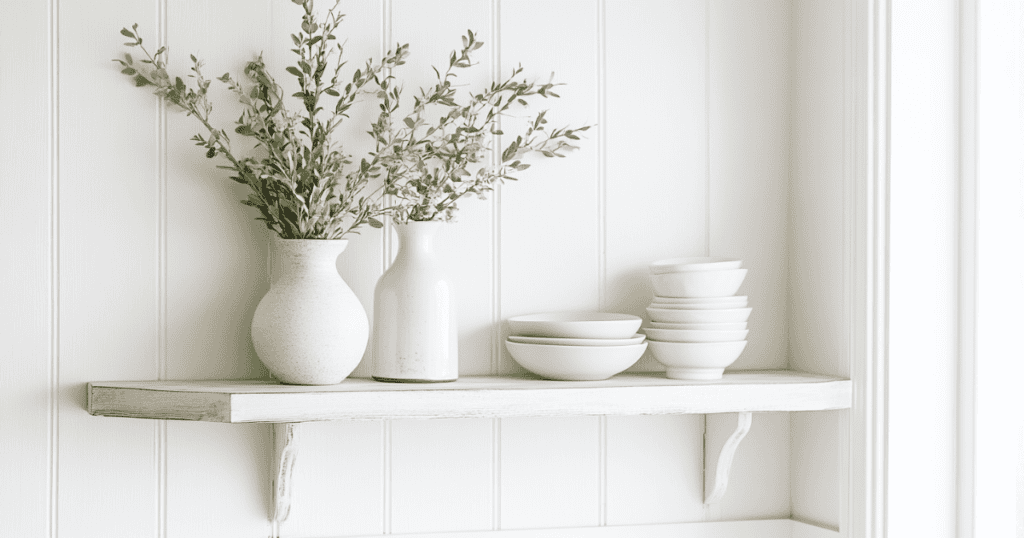 White shelf in a dining room. Plates and vases sit on the shelf