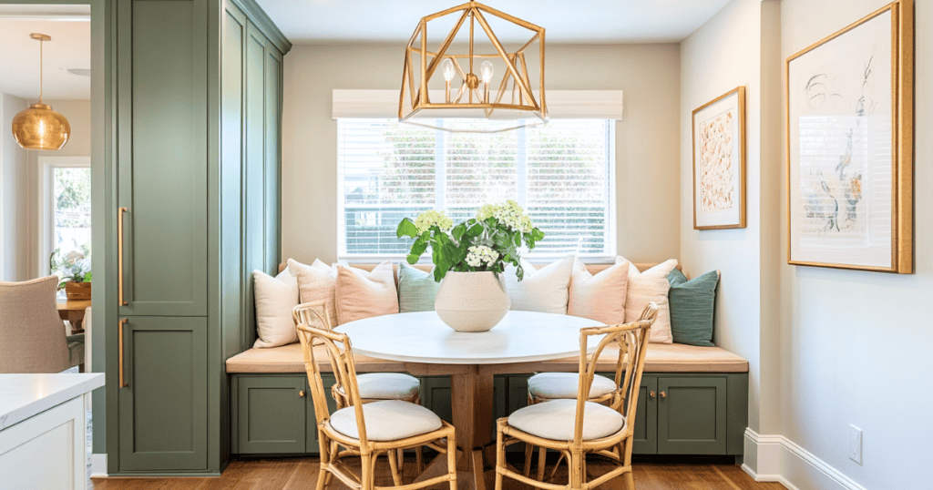 Green cabinet in dining room that goes from floor to ceiling