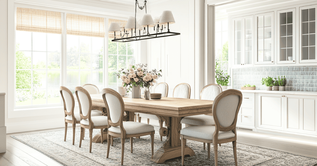 White dining room table with a kitchen in the background