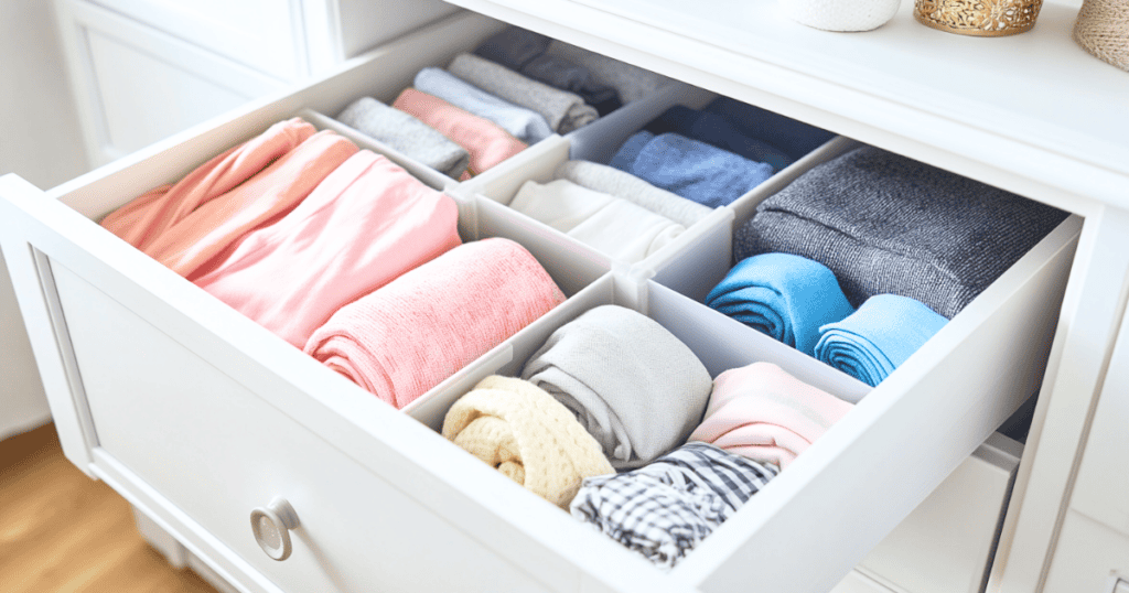 A white drawer that is open and showing clothes separated by drawer dividers