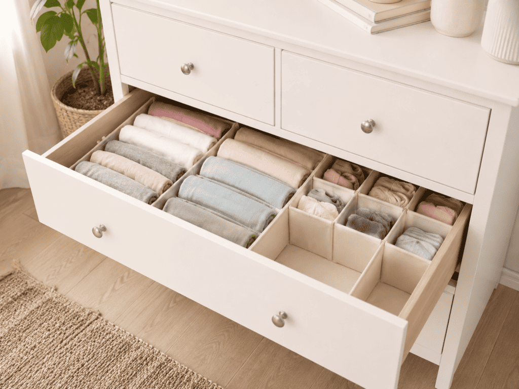 Open bedroom dresser drawer with neatly folded clothes organized by category for easy access.