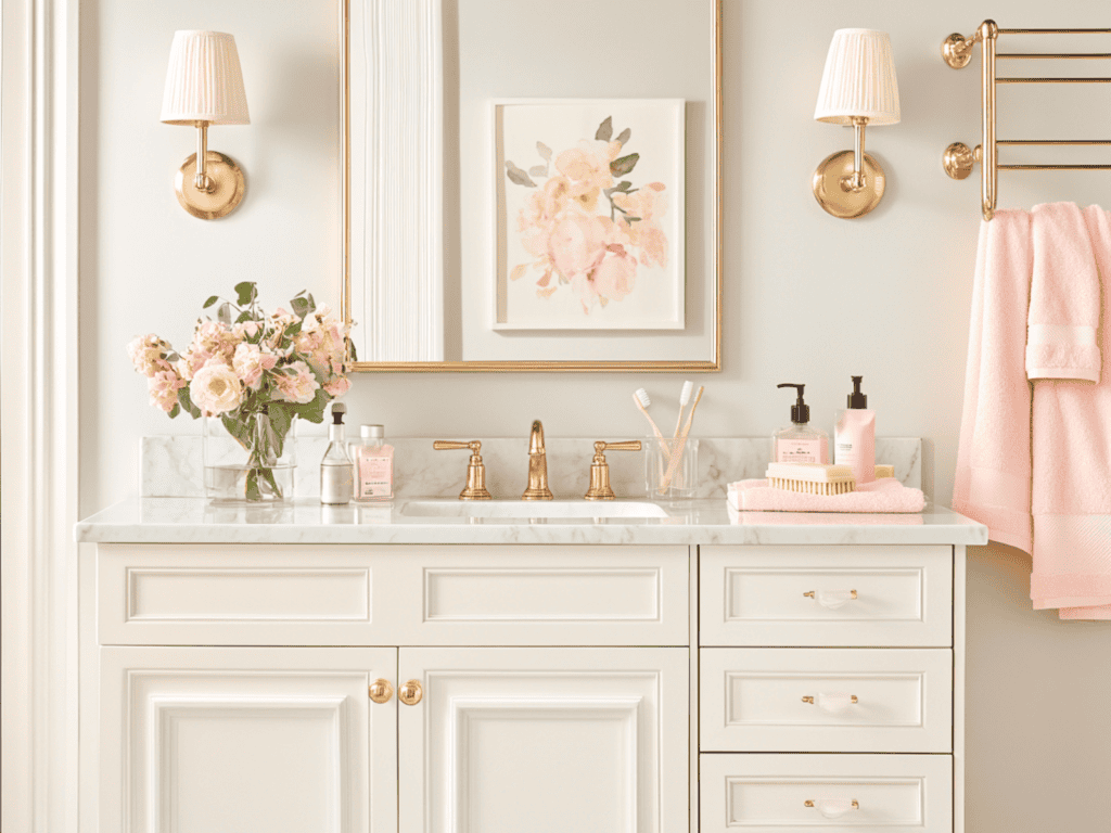 A light colored, well organized bathroom with pink accents