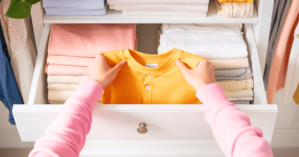 A woman holding an orange top in a white drawer