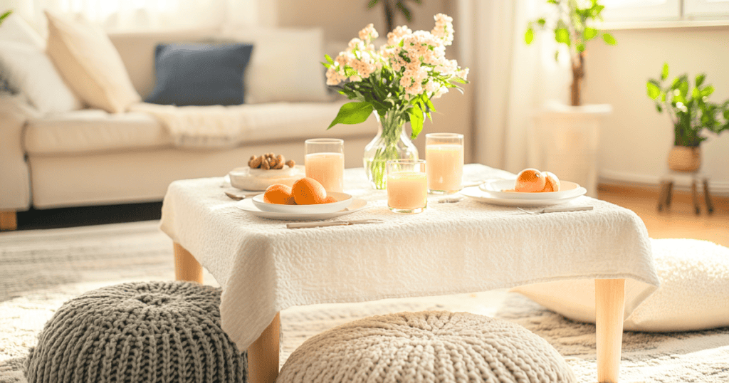 Two poufs and a pillow on the floor beside a small coffee table wit food and flowers on it