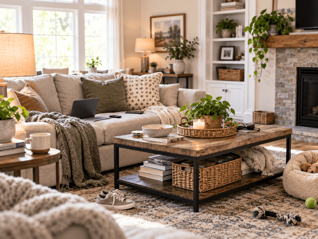 Living room cluttered with shoes, pet toys, blankets, electronics, books, pillows, and items covering the coffee table.