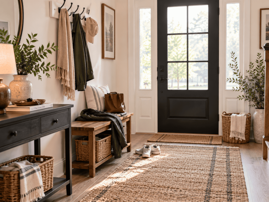 Entryway cluttered with shoes on the floor, coats and a hat on hooks, a bag and jacket on the bench, and crowded decorative surfaces.