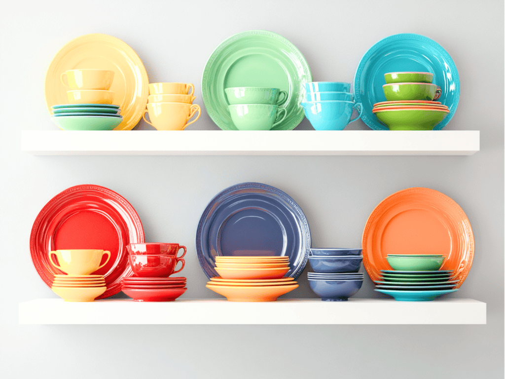 Colorful dishes on two shelves