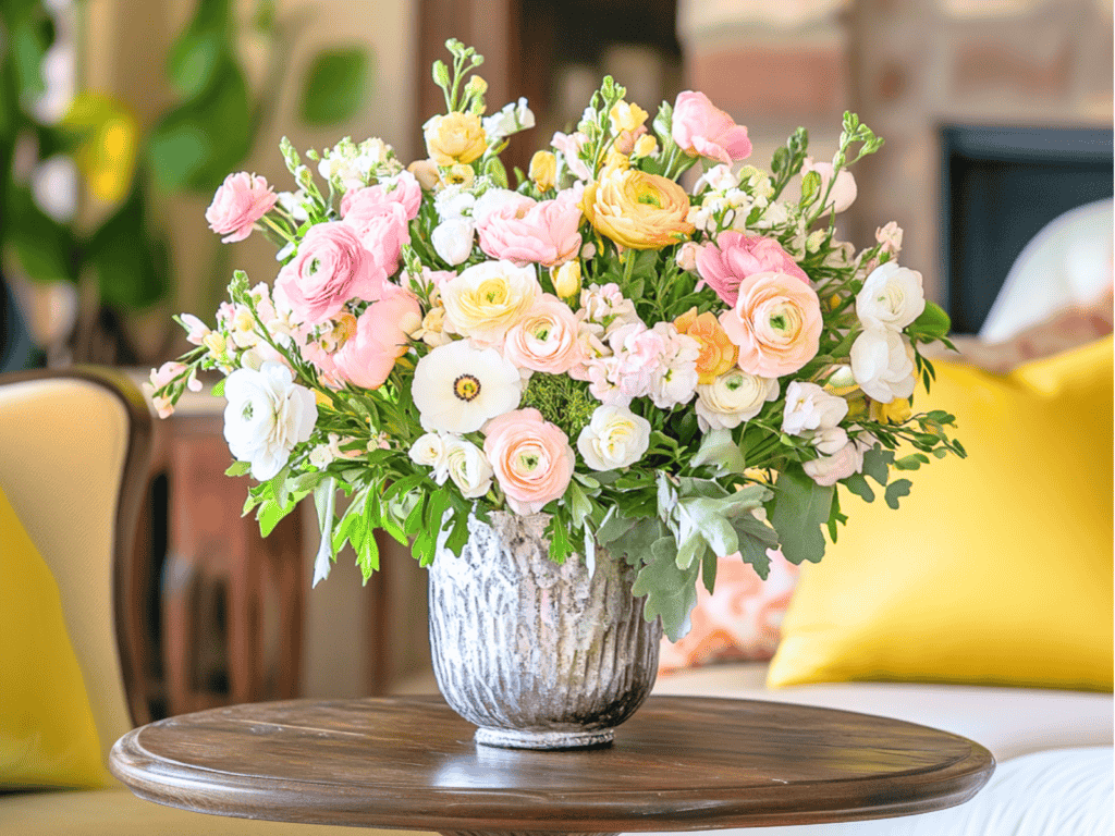 Flowers sitting on a table in a clean and bright living room