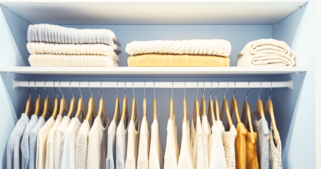 Shirts folded on a shelf and shirts on hangers below