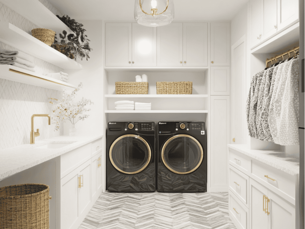 A small white laundry room with counter space to fold clothes