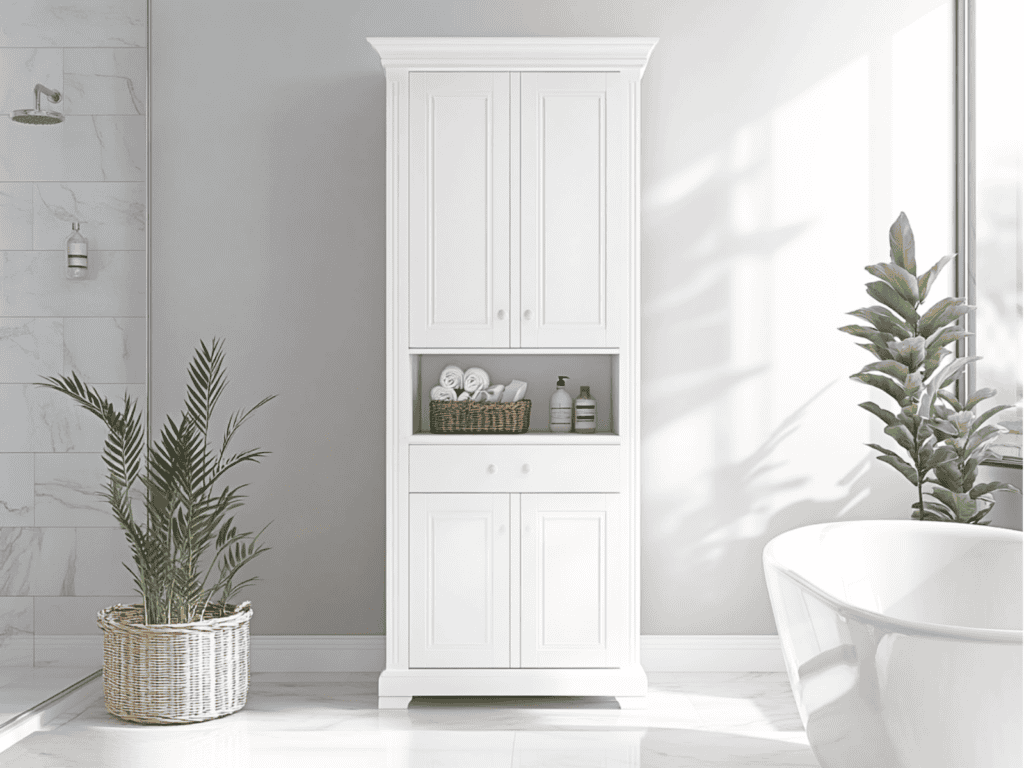 White free standing cabinet in a bathroom