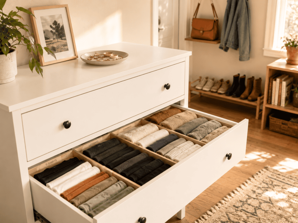 Organized bedroom dresser with clothes grouped neatly in designated drawers and storage spaces.