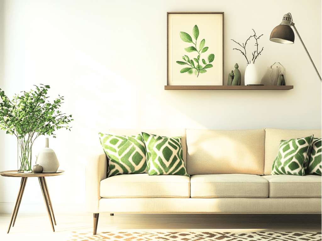 A white and green living room with a minimalist look