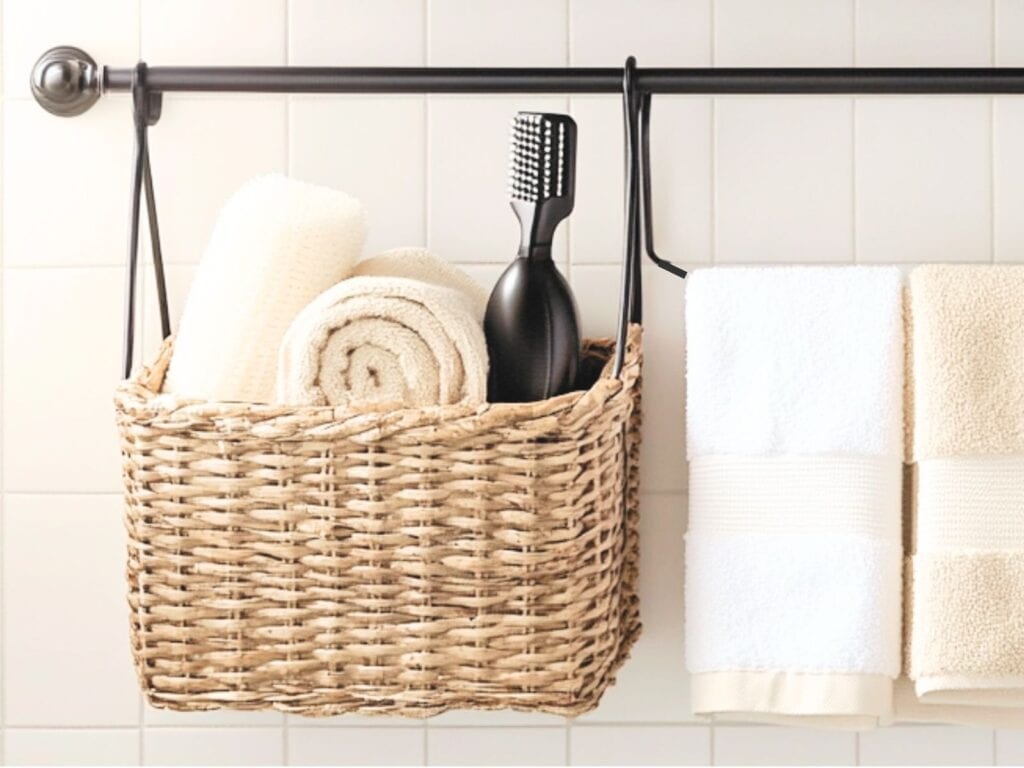 Wicker basket hanging from a towel bar in a bathroom