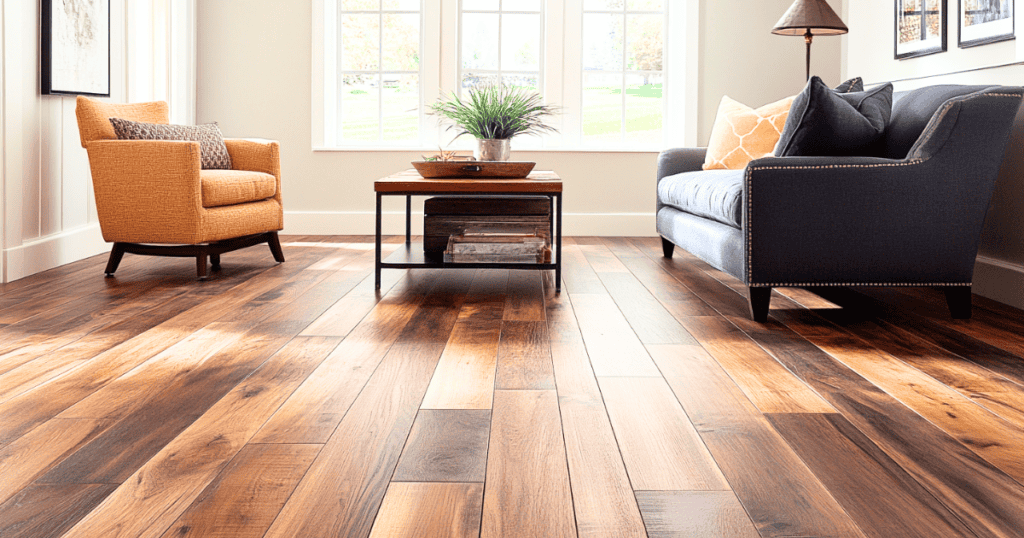 A small living room with dark hardwood floors