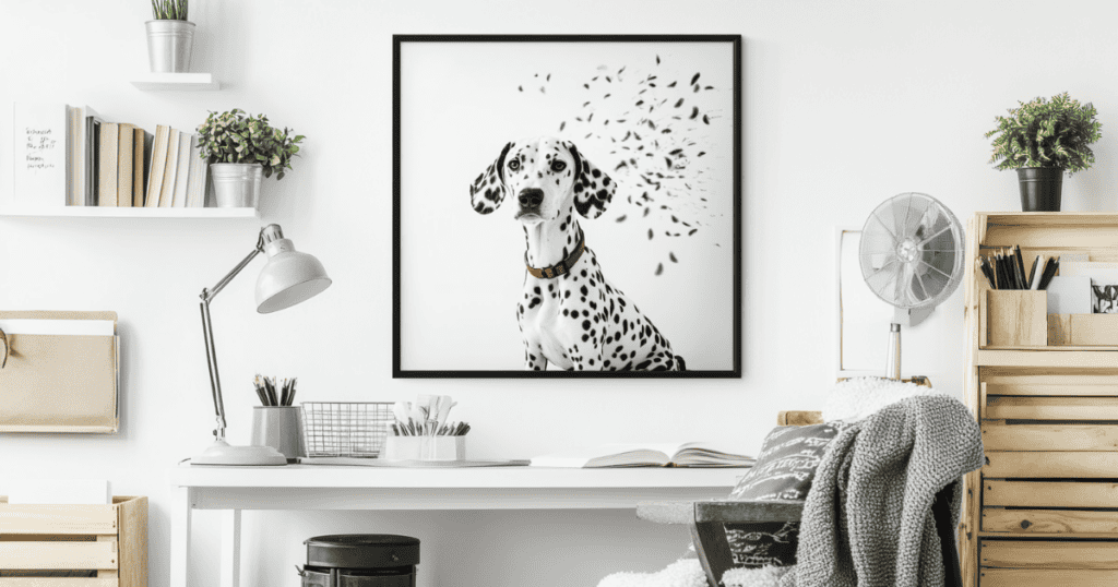 White desk with a picture of a dog hanging on the wall