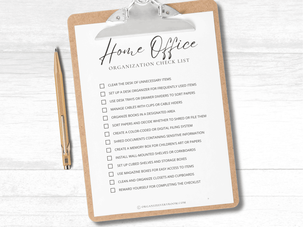 Home office organization checklist on a clipboard beside a gold pen.