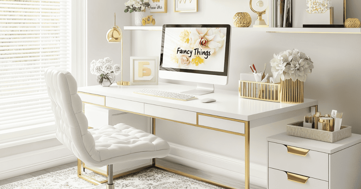 White desk and chair with gold trim and a computer and accesories on the desk