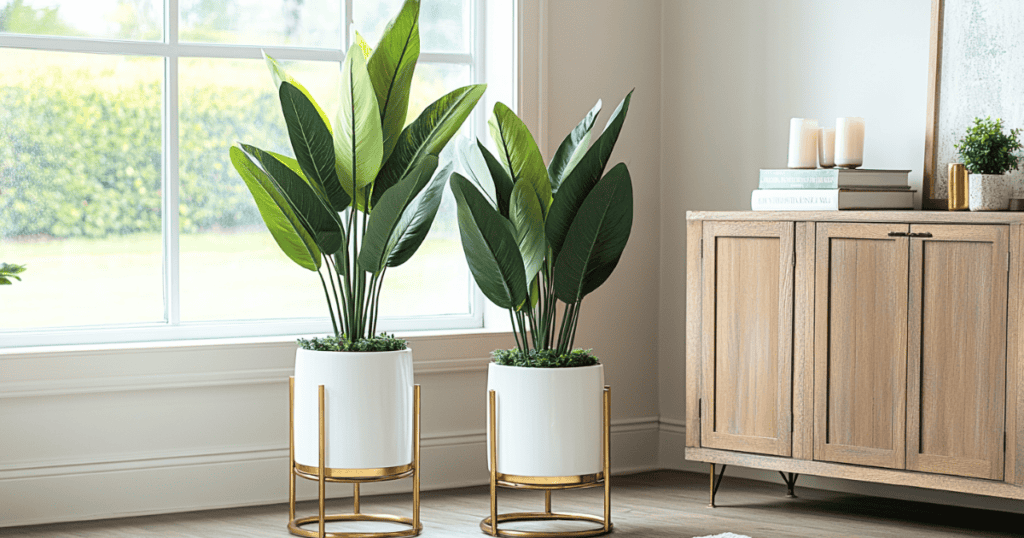 Two plants potted in white containers on gold stands