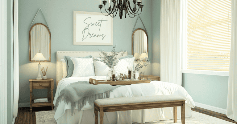 Soft green bedroom with a picture on the wall, nightstands and a bench at the foot of the bed