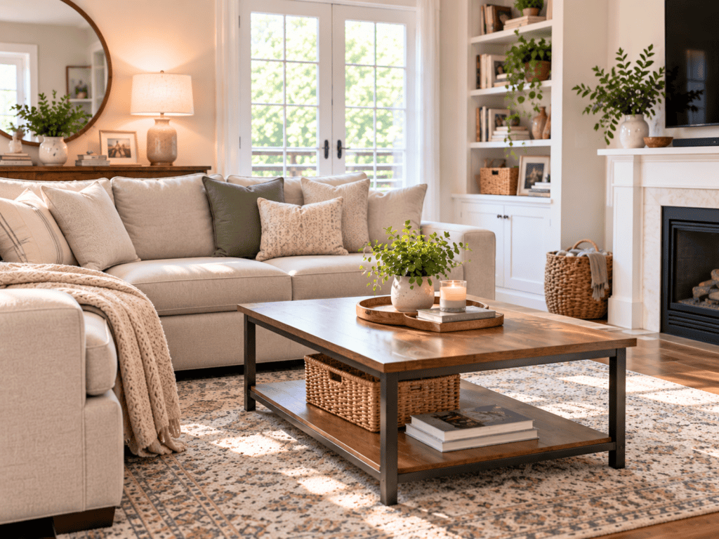 Bright, uncluttered living room with clear floors, a tidy sofa, organized shelves, and a nearly empty coffee table.