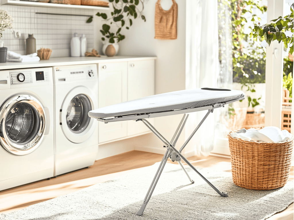 Freestanding ironing board in a small laundry room