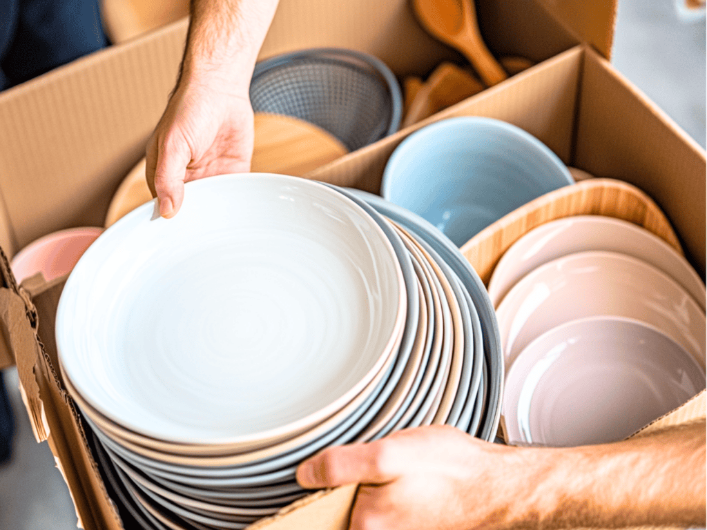 Plates and bowls in a box in a kitchen