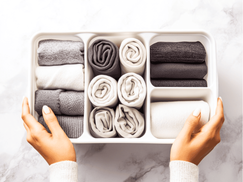 Clothes folded in a basket using the KonMari folding method