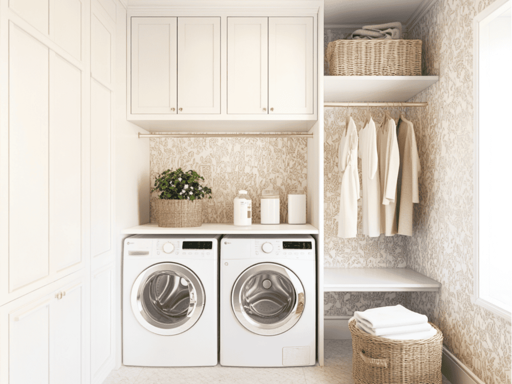 Laundry room with shelving and baskets