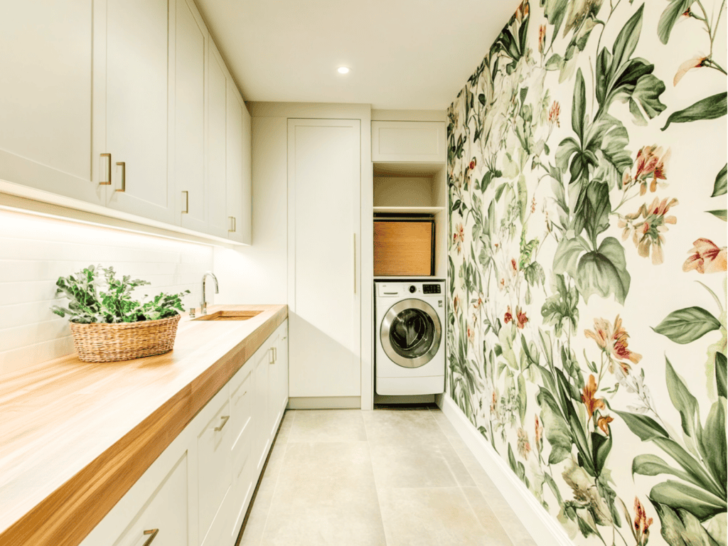 A laundry room with shelves to the ceiling