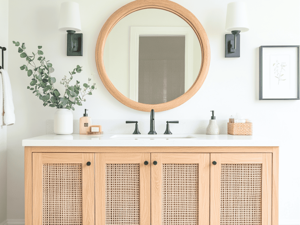 Whate bathroom with a bamboo colored vanity