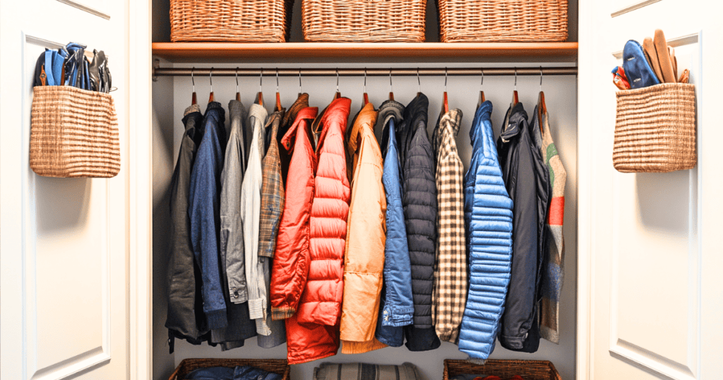 Coats hanging in a closet with storage baskets above and below them