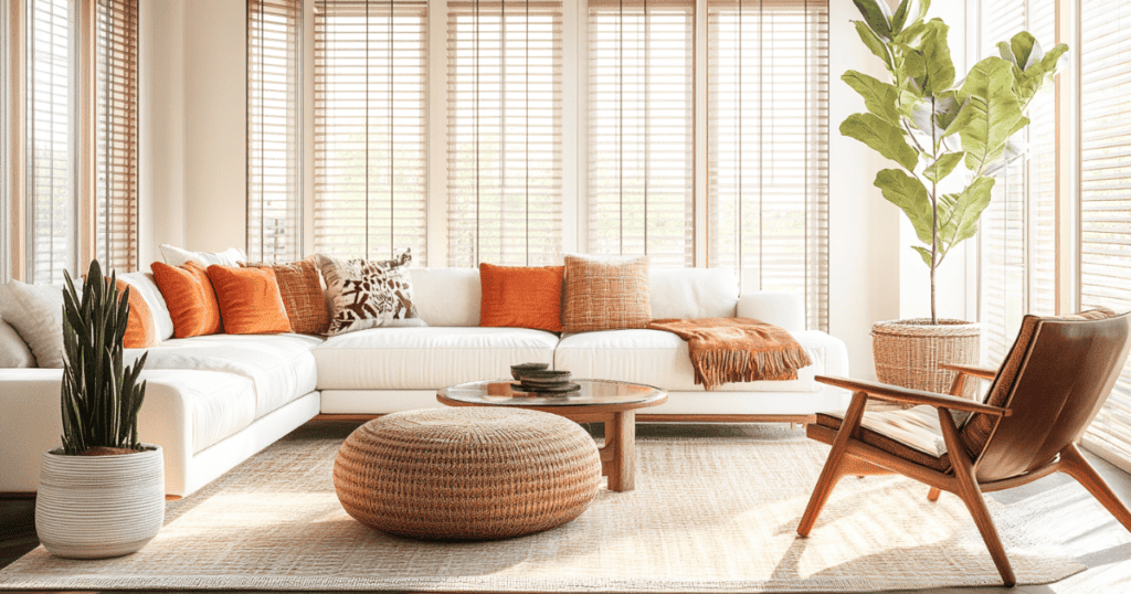 A white and bright living room with orange accents