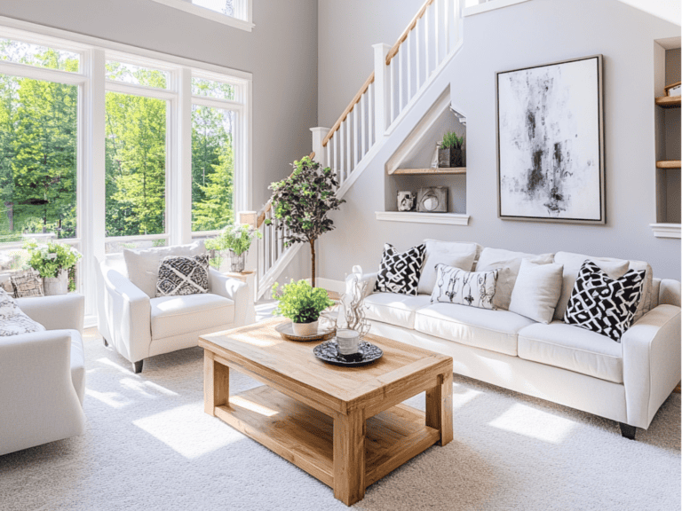 Clean and organized living room with a white sofa and chair.