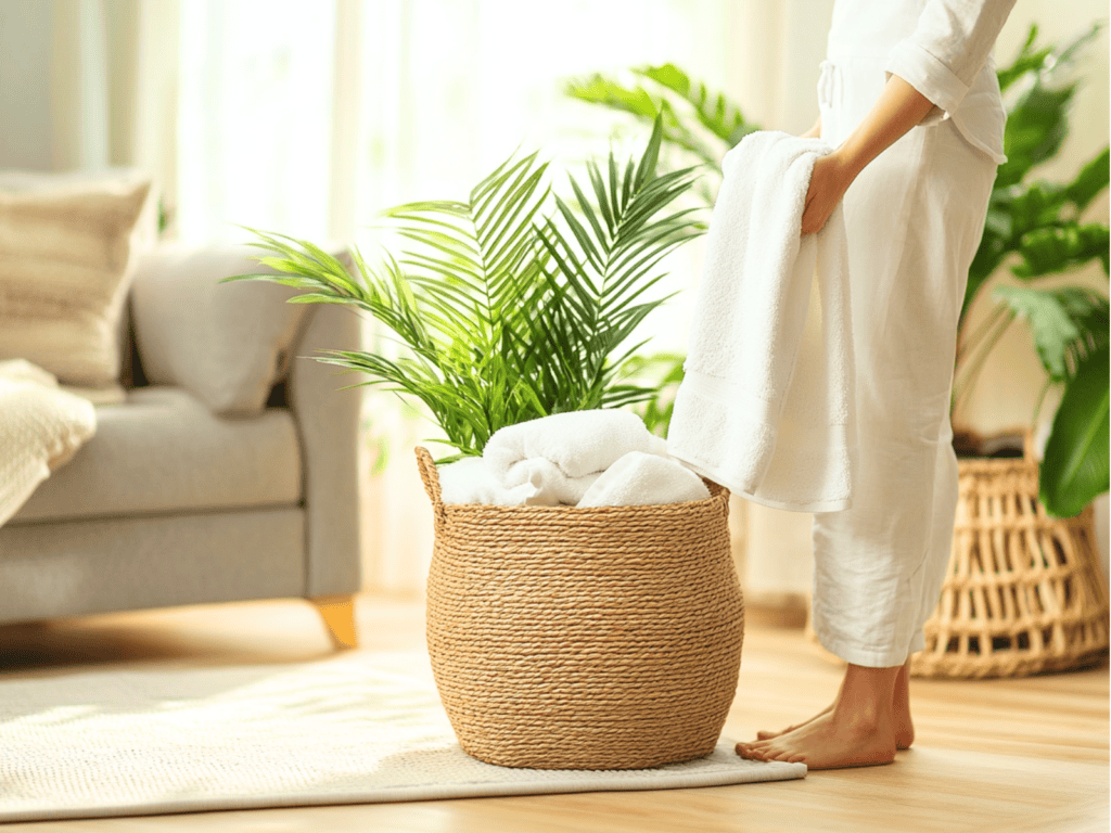 A woman in a living room taking towels out of a woven basket