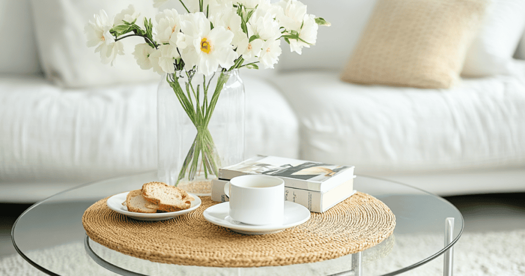 A round glass table with flowers and a book on top