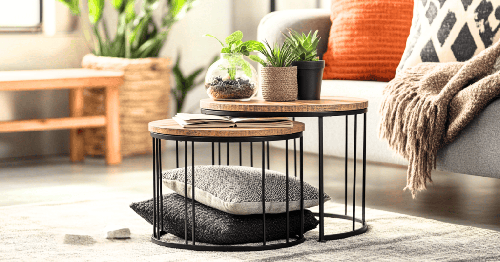 Brown and black nesting tables with plants on top of them