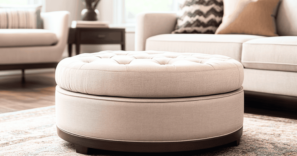 A round storage ottoman in front of a sofa