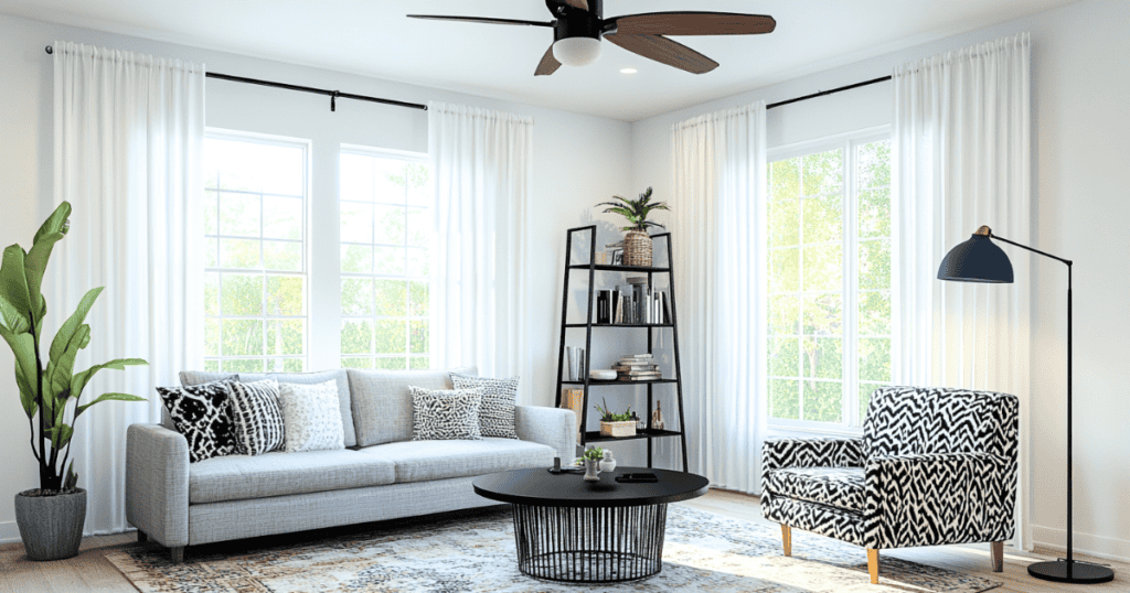 Black curtain rods hung near ceiling in a black and white living room