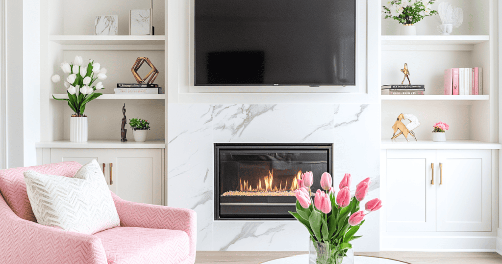 Bright white living room with a tv over the fireplace and a pink chair and pink flowers on the table