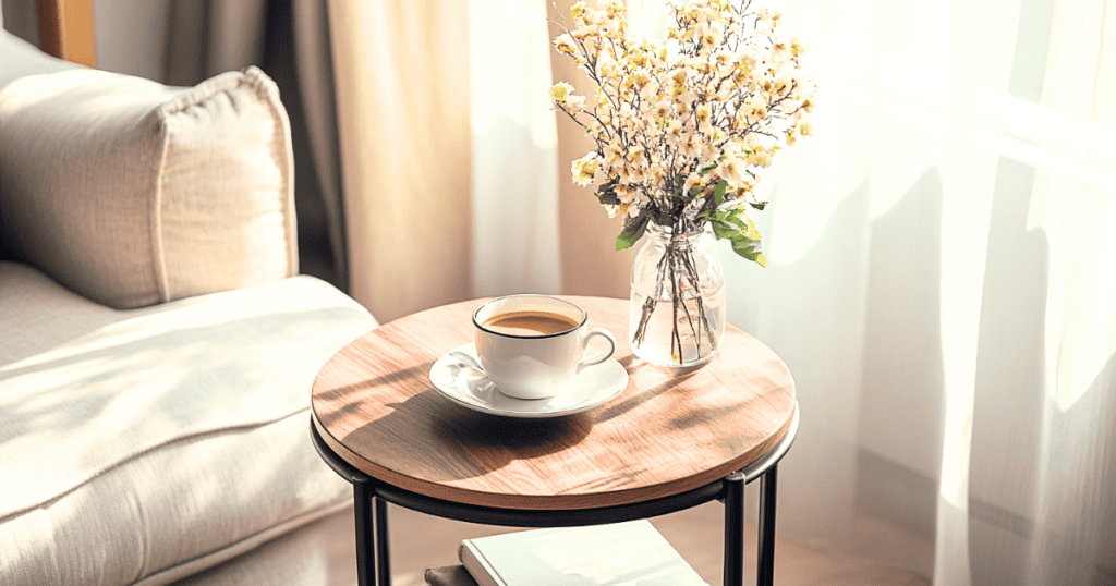 Round wood end table with black metal legs. Flowers and coffee cup sitting on table