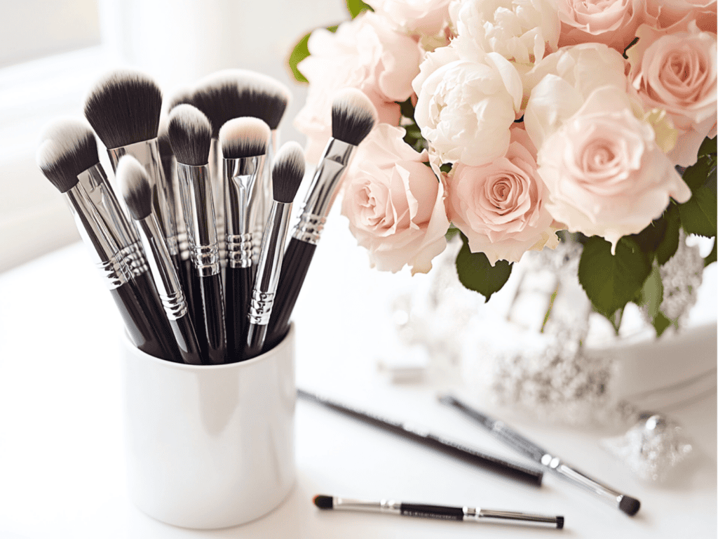 A vase repurposed as a make up brush holder sitting beside a vase of flowers